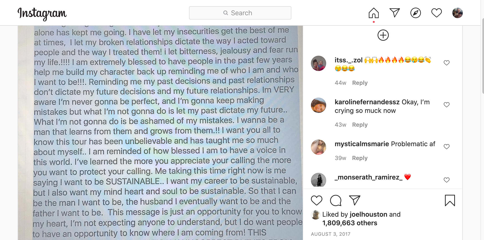 Justin Bieber instagram aug 3 2017