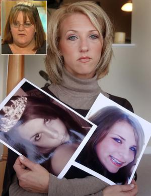 Tina Meier holds two pictures of her daughter Megan who committed suicide in 2006 after receiving cruel messages on MySpace. Inset: Ashley Grills who denies instigating MySpace attack.